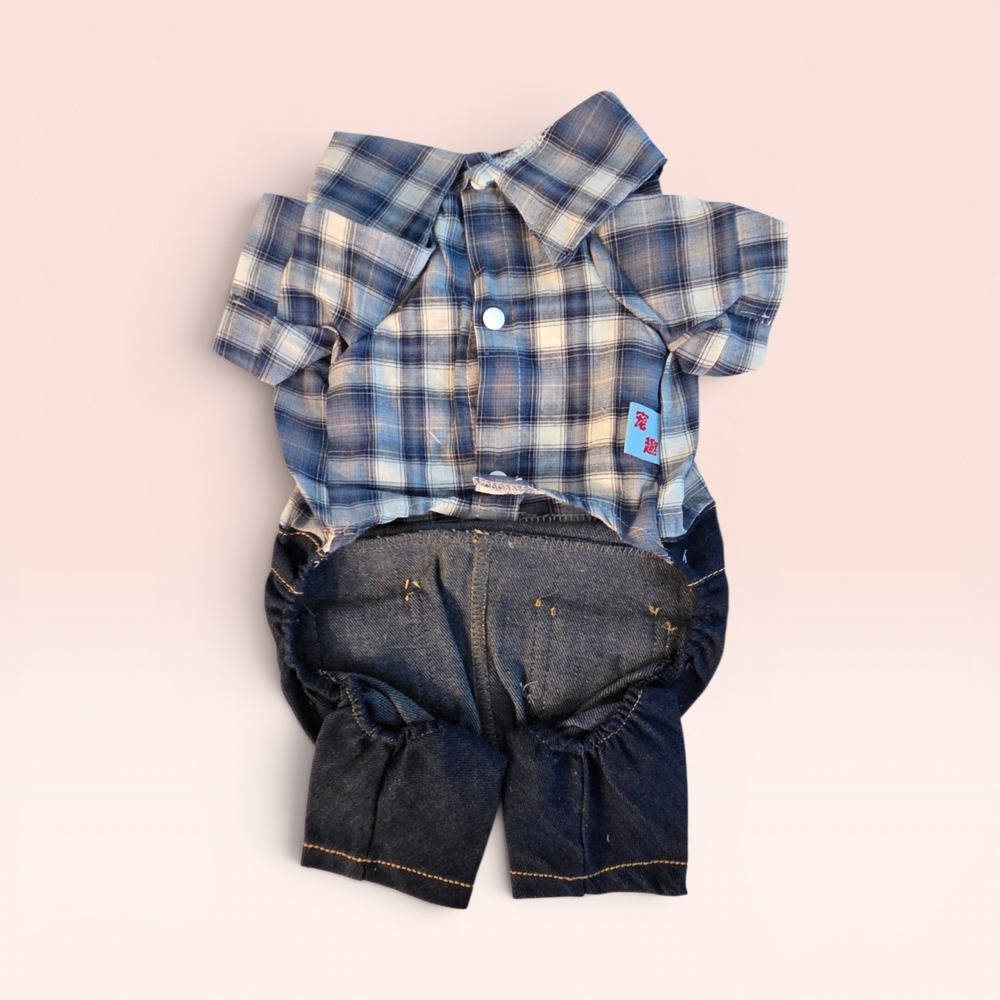 Blue Plaid Shirt and Denim Overalls One-Piece Pet Outfit Dog Clothes - Picture 3 of 4